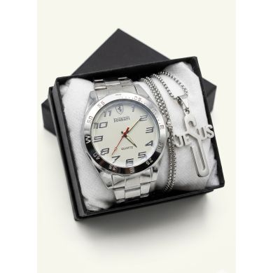 SET DE RELOJ CUERO/METALICO CON CADENA EN ACERO Y ESTUCHE DE LUJO