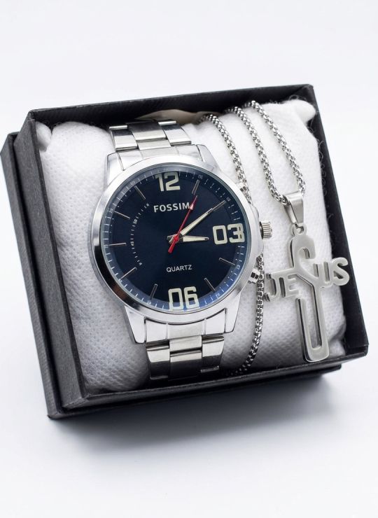 SET DE RELOJ CUERO/METALICO CON CADENA EN ACERO Y ESTUCHE DE LUJO