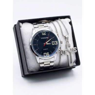 SET DE RELOJ CUERO/METALICO CON CADENA EN ACERO Y ESTUCHE DE LUJO