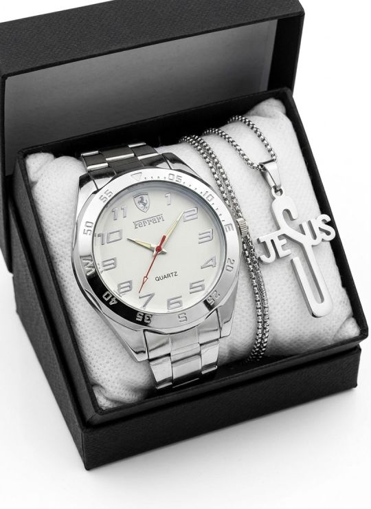 SET DE RELOJ CUERO/METALICO CON CADENA EN ACERO Y ESTUCHE DE LUJO