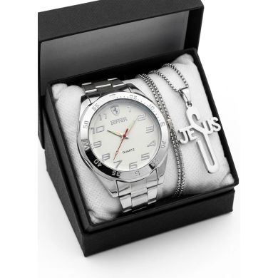SET DE RELOJ CUERO/METALICO CON CADENA EN ACERO Y ESTUCHE DE LUJO