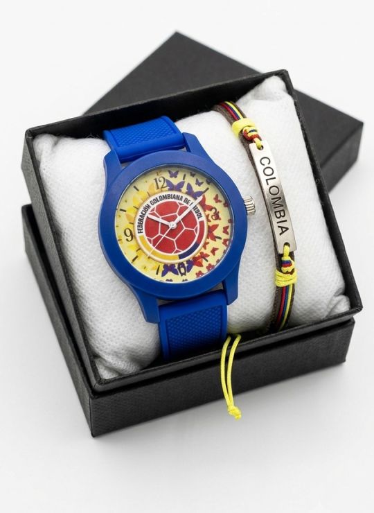 SET RELOJ GOMA CABALLERO COLOMBIA CON PULSERA EN RODIO Y ESTUCHE DE LUJO