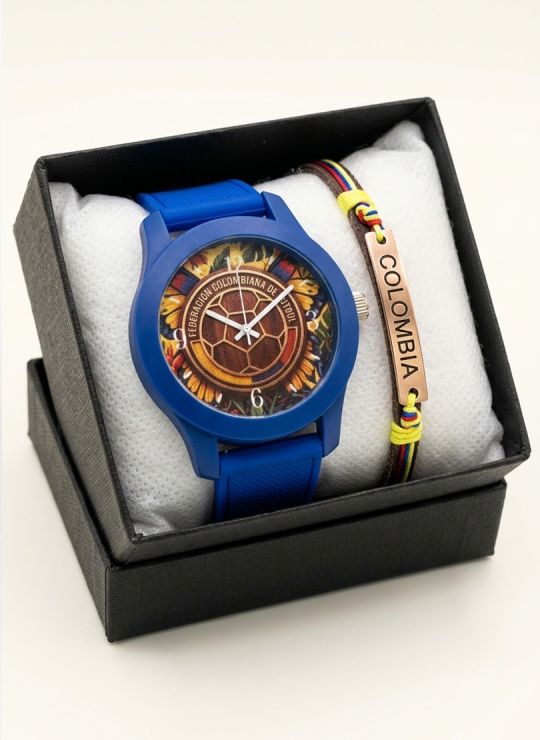SET RELOJ GOMA CABALLERO COLOMBIA CON PULSERA EN RODIO Y ESTUCHE DE LUJO