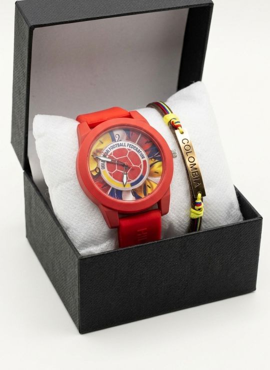 SET RELOJ GOMA CABALLERO COLOMBIA CON PULSERA EN RODIO Y ESTUCHE DE LUJO