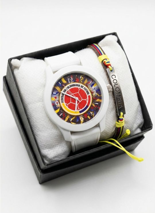 SET RELOJ GOMA CABALLERO COLOMBIA CON PULSERA EN RODIO Y ESTUCHE DE LUJO