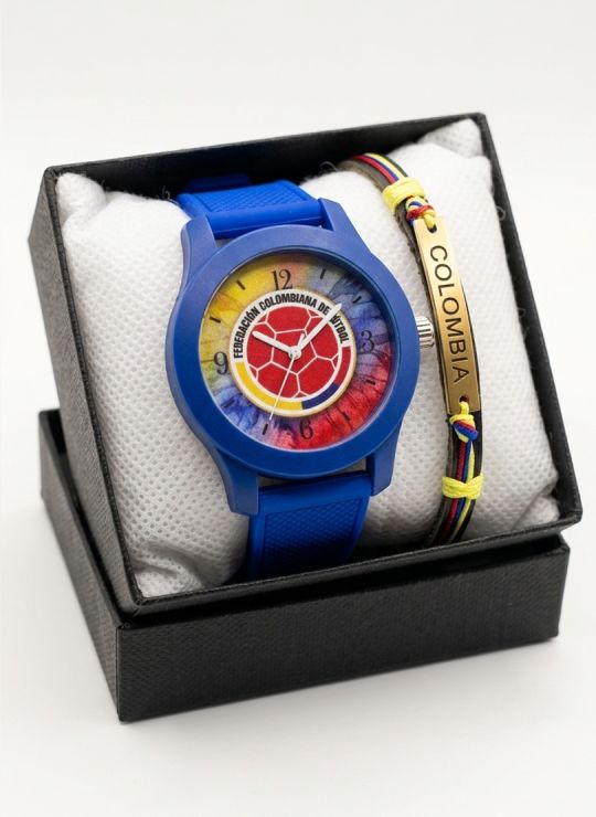 SET RELOJ GOMA CABALLERO COLOMBIA CON PULSERA EN RODIO Y ESTUCHE DE LUJO
