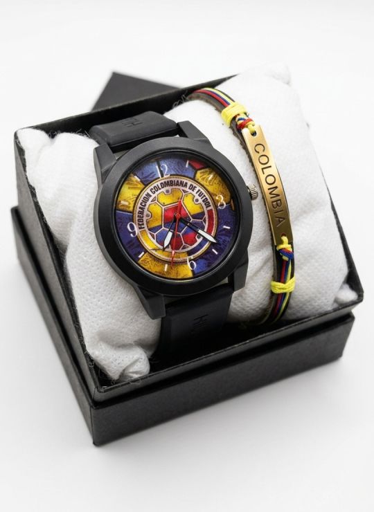 SET RELOJ GOMA CABALLERO COLOMBIA CON PULSERA EN RODIO Y ESTUCHE DE LUJO