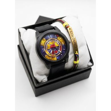 SET RELOJ GOMA CABALLERO COLOMBIA CON PULSERA EN RODIO Y ESTUCHE DE LUJO