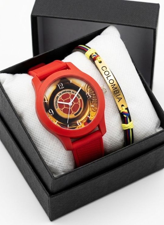 SET RELOJ GOMA CABALLERO COLOMBIA CON PULSERA EN RODIO Y ESTUCHE DE LUJO