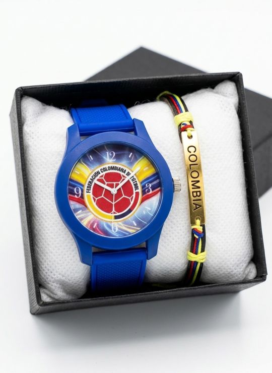 SET RELOJ GOMA CABALLERO COLOMBIA CON PULSERA EN RODIO Y ESTUCHE DE LUJO