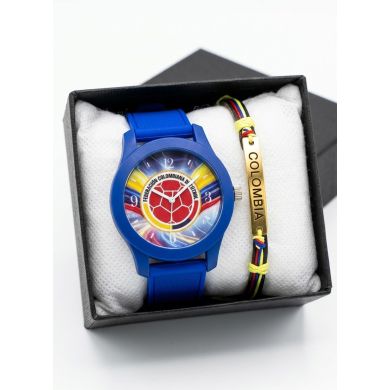 SET RELOJ GOMA CABALLERO COLOMBIA CON PULSERA EN RODIO Y ESTUCHE DE LUJO