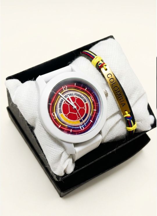 SET RELOJ GOMA CABALLERO COLOMBIA CON PULSERA EN RODIO Y ESTUCHE DE LUJO