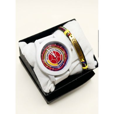 SET RELOJ GOMA CABALLERO COLOMBIA CON PULSERA EN RODIO Y ESTUCHE DE LUJO
