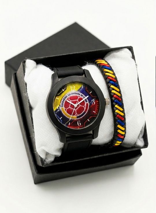 SET RELOJ GOMA CABALLERO COLOMBIA CON PULSERA EN RODIO Y ESTUCHE DE LUJO