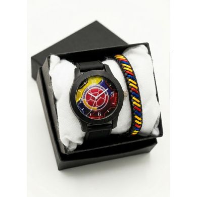 SET RELOJ GOMA CABALLERO COLOMBIA CON PULSERA EN RODIO Y ESTUCHE DE LUJO