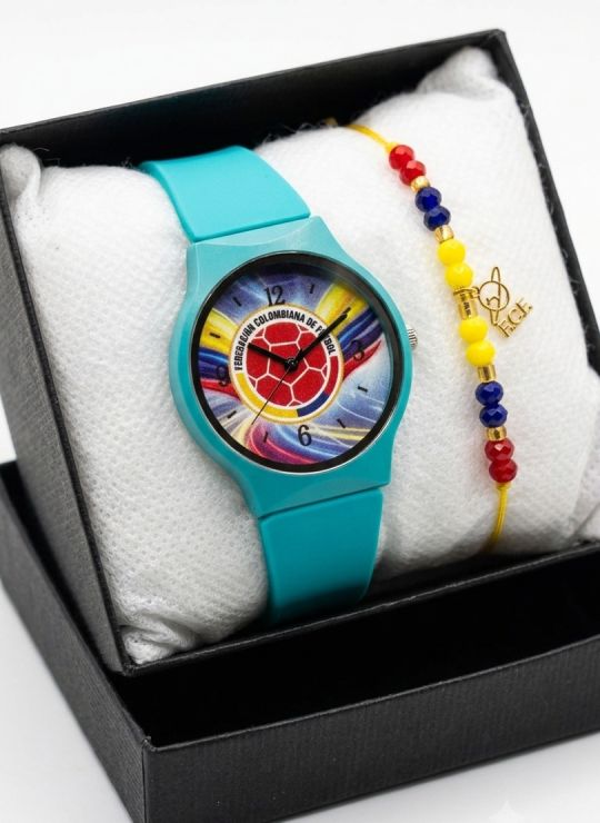 SET RELOJ GOMA DAMA COLOMBIA CON PULSERA EN RODIO Y ESTUCHE DE LUJO