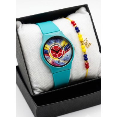 SET RELOJ GOMA DAMA COLOMBIA CON PULSERA EN RODIO Y ESTUCHE DE LUJO