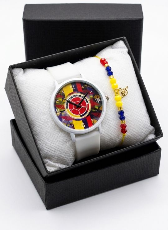 SET RELOJ GOMA DAMA COLOMBIA CON PULSERA EN RODIO Y ESTUCHE DE LUJO