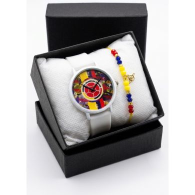 SET RELOJ GOMA DAMA COLOMBIA CON PULSERA EN RODIO Y ESTUCHE DE LUJO