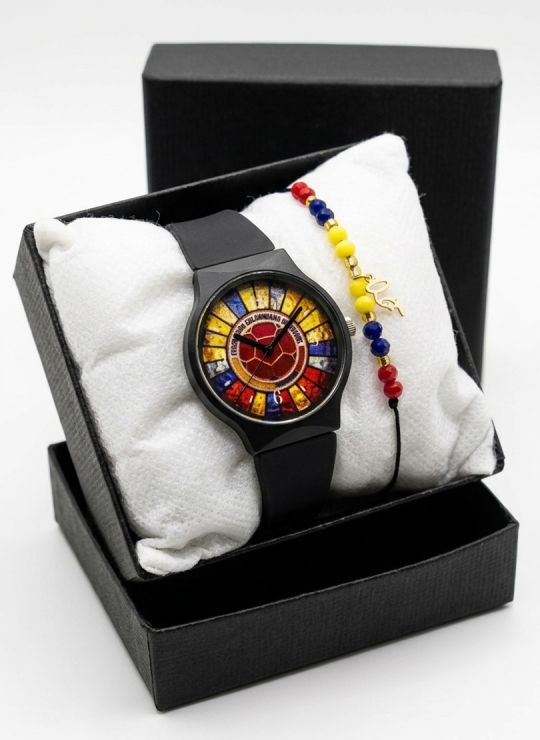 SET RELOJ GOMA DAMA COLOMBIA CON PULSERA EN RODIO Y ESTUCHE DE LUJO