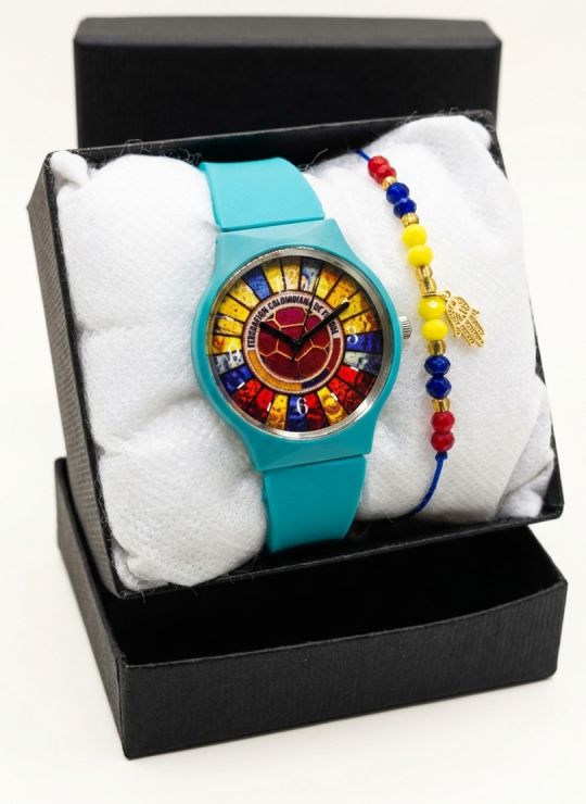 SET RELOJ GOMA DAMA COLOMBIA CON PULSERA EN RODIO Y ESTUCHE DE LUJO