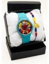 SET RELOJ GOMA DAMA COLOMBIA CON PULSERA EN RODIO Y ESTUCHE DE LUJO