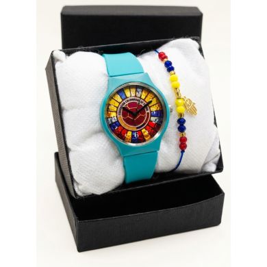 SET RELOJ GOMA DAMA COLOMBIA CON PULSERA EN RODIO Y ESTUCHE DE LUJO