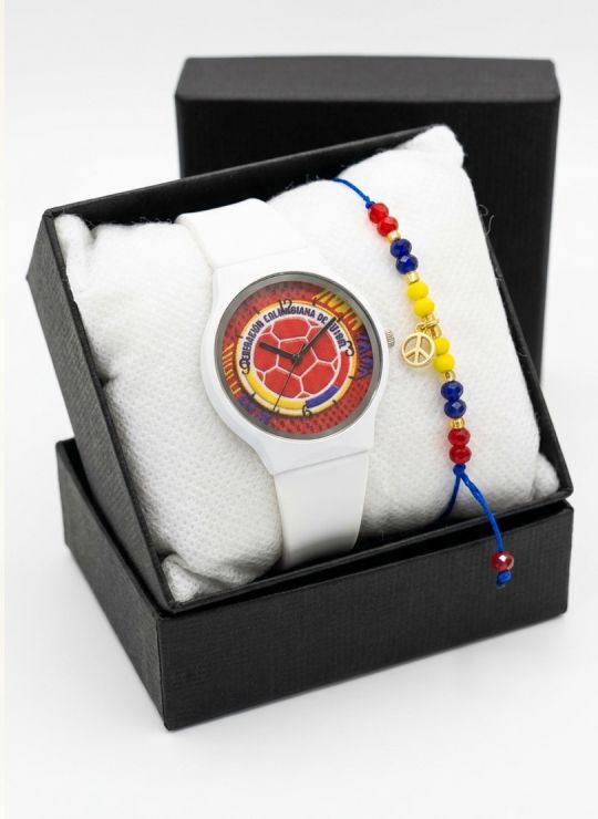 SET RELOJ GOMA DAMA COLOMBIA CON PULSERA EN RODIO Y ESTUCHE DE LUJO