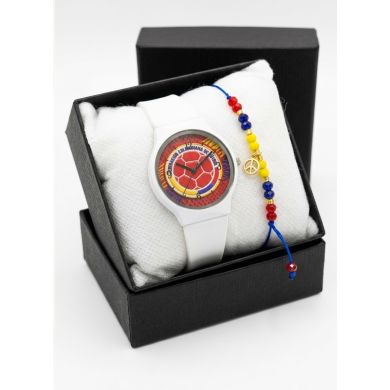 SET RELOJ GOMA DAMA COLOMBIA CON PULSERA EN RODIO Y ESTUCHE DE LUJO