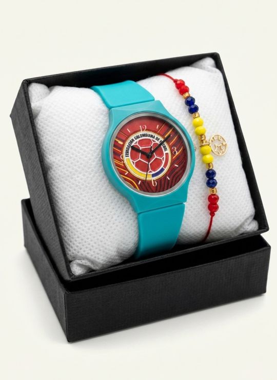 SET RELOJ GOMA DAMA COLOMBIA CON PULSERA EN RODIO Y ESTUCHE DE LUJO