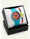 SET RELOJ GOMA DAMA COLOMBIA CON PULSERA EN RODIO Y ESTUCHE DE LUJO