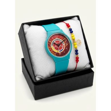 SET RELOJ GOMA DAMA COLOMBIA CON PULSERA EN RODIO Y ESTUCHE DE LUJO