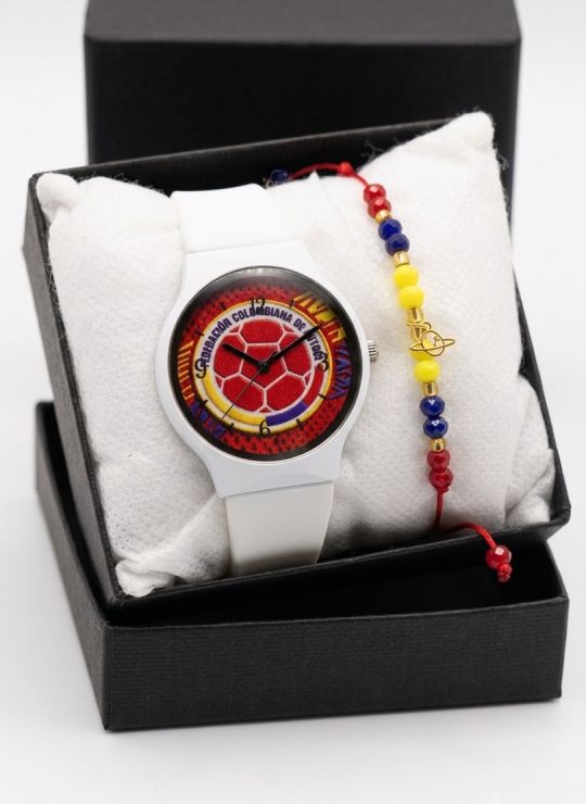 SET RELOJ GOMA DAMA COLOMBIA CON PULSERA EN RODIO Y ESTUCHE DE LUJO