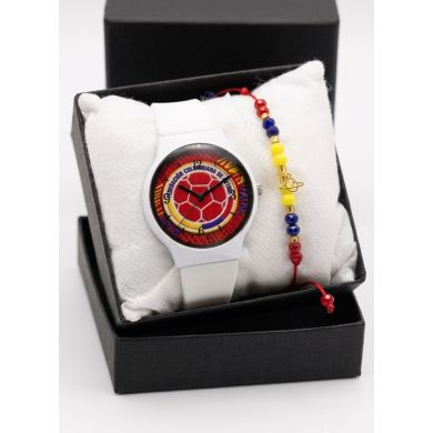 SET RELOJ GOMA DAMA COLOMBIA CON PULSERA EN RODIO Y ESTUCHE DE LUJO