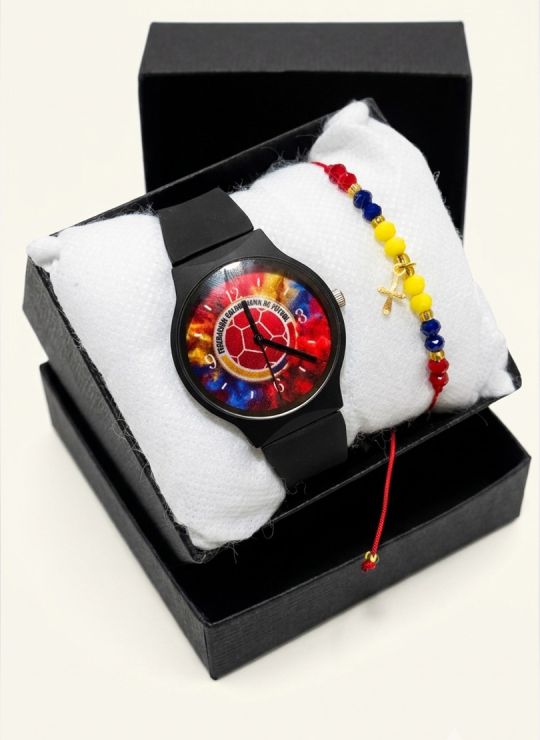 SET RELOJ GOMA DAMA COLOMBIA CON PULSERA EN RODIO Y ESTUCHE DE LUJO