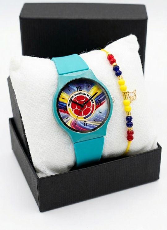 SET RELOJ GOMA DAMA COLOMBIA CON PULSERA EN RODIO Y ESTUCHE DE LUJO
