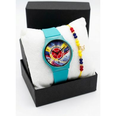 SET RELOJ GOMA DAMA COLOMBIA CON PULSERA EN RODIO Y ESTUCHE DE LUJO