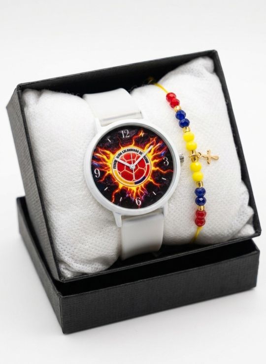 SET RELOJ GOMA DAMA COLOMBIA CON PULSERA EN RODIO Y ESTUCHE DE LUJO