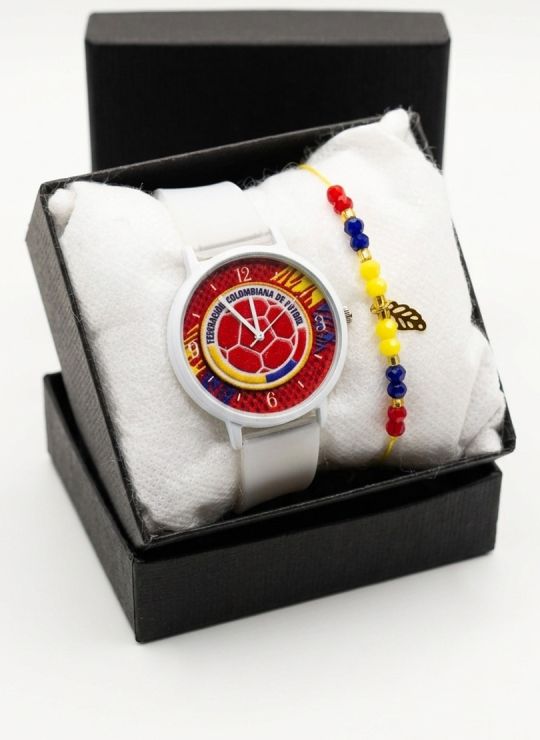 SET RELOJ GOMA DAMA COLOMBIA CON PULSERA EN RODIO Y ESTUCHE DE LUJO