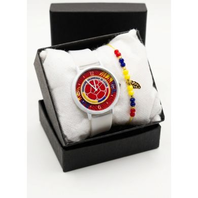 SET RELOJ GOMA DAMA COLOMBIA CON PULSERA EN RODIO Y ESTUCHE DE LUJO