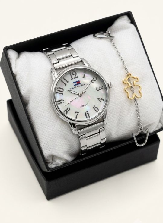 SET RELOJ METALICO CON PULSERA EN RODIO/ACERO Y ESTUCHE DE LUJO