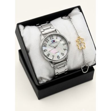 SET RELOJ METALICO CON PULSERA EN RODIO/ACERO Y ESTUCHE DE LUJO