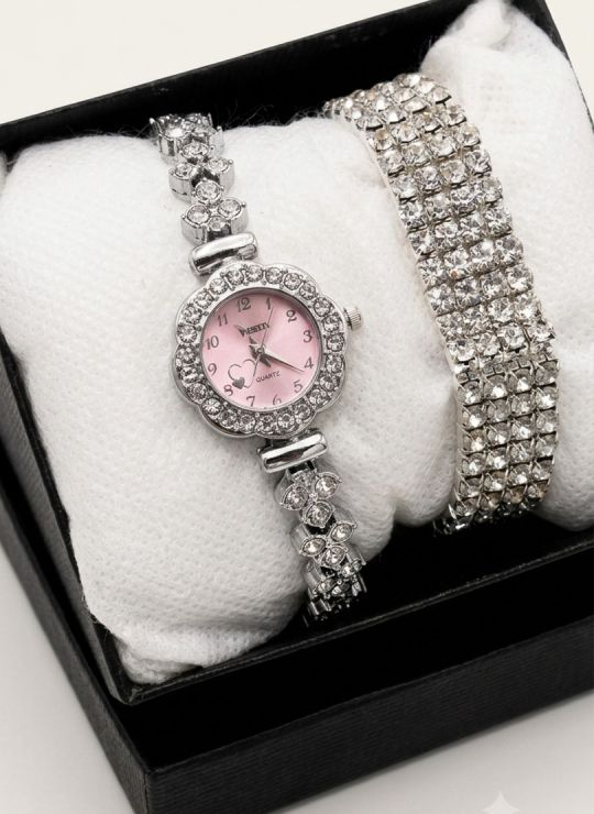 SET RELOJ METALICO CON PULSERA EN RODIO/ACERO Y ESTUCHE DE LUJO