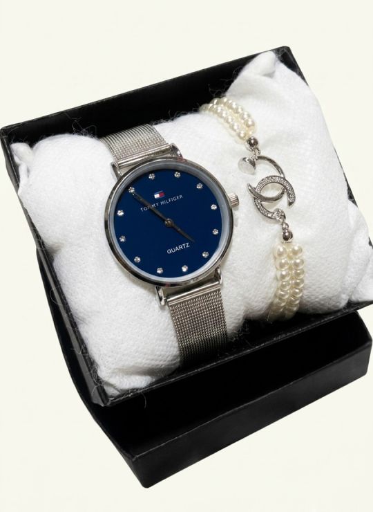 SET RELOJ METALICO CON PULSERA EN RODIO/ACERO Y ESTUCHE DE LUJO