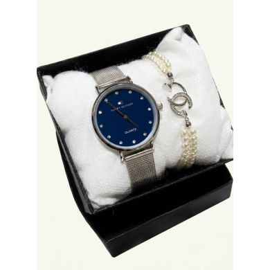 SET RELOJ METALICO CON PULSERA EN RODIO/ACERO Y ESTUCHE DE LUJO
