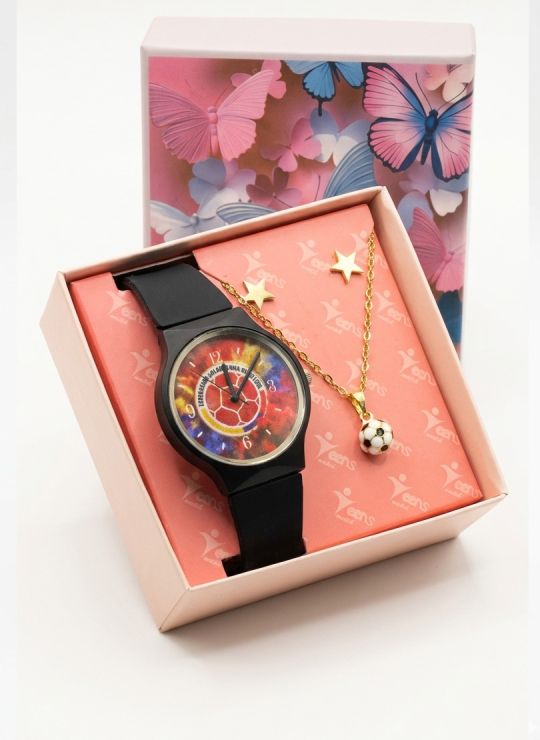 SET DE RELOJ SILICONA CON COLLAR EN ACERO INOXIDABLE MUNDIAL Y ESTUCHE