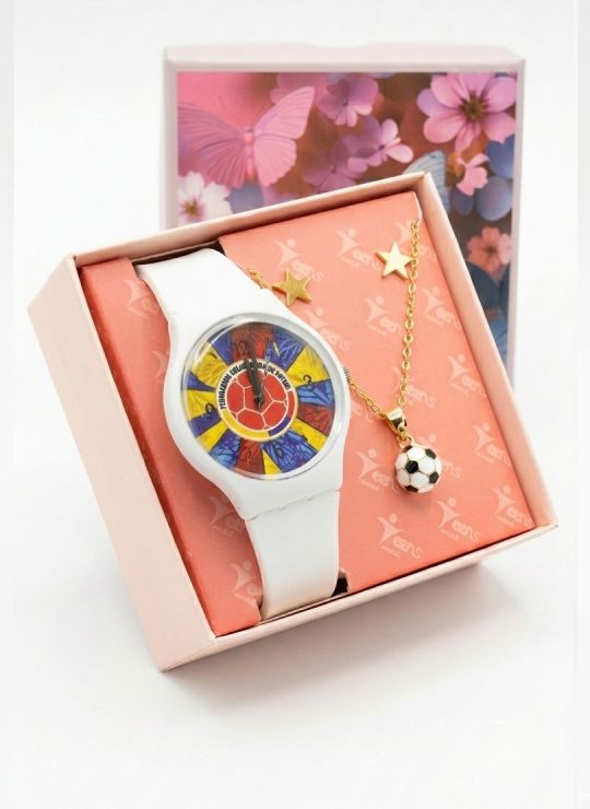 SET DE RELOJ SILICONA CON COLLAR EN ACERO INOXIDABLE MUNDIAL Y ESTUCHE