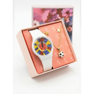 SET DE RELOJ SILICONA CON COLLAR EN ACERO INOXIDABLE MUNDIAL Y ESTUCHE