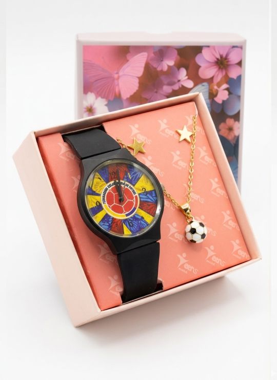 SET DE RELOJ SILICONA CON COLLAR EN ACERO INOXIDABLE MUNDIAL Y ESTUCHE