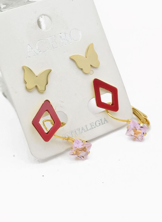 SET DE ARETES X 3 CRISTALES SURTIDO/ACERO INOXIDABLE
